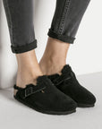 Birkenstock Boston Shearling Suede Leather in Black (Narrow Width)