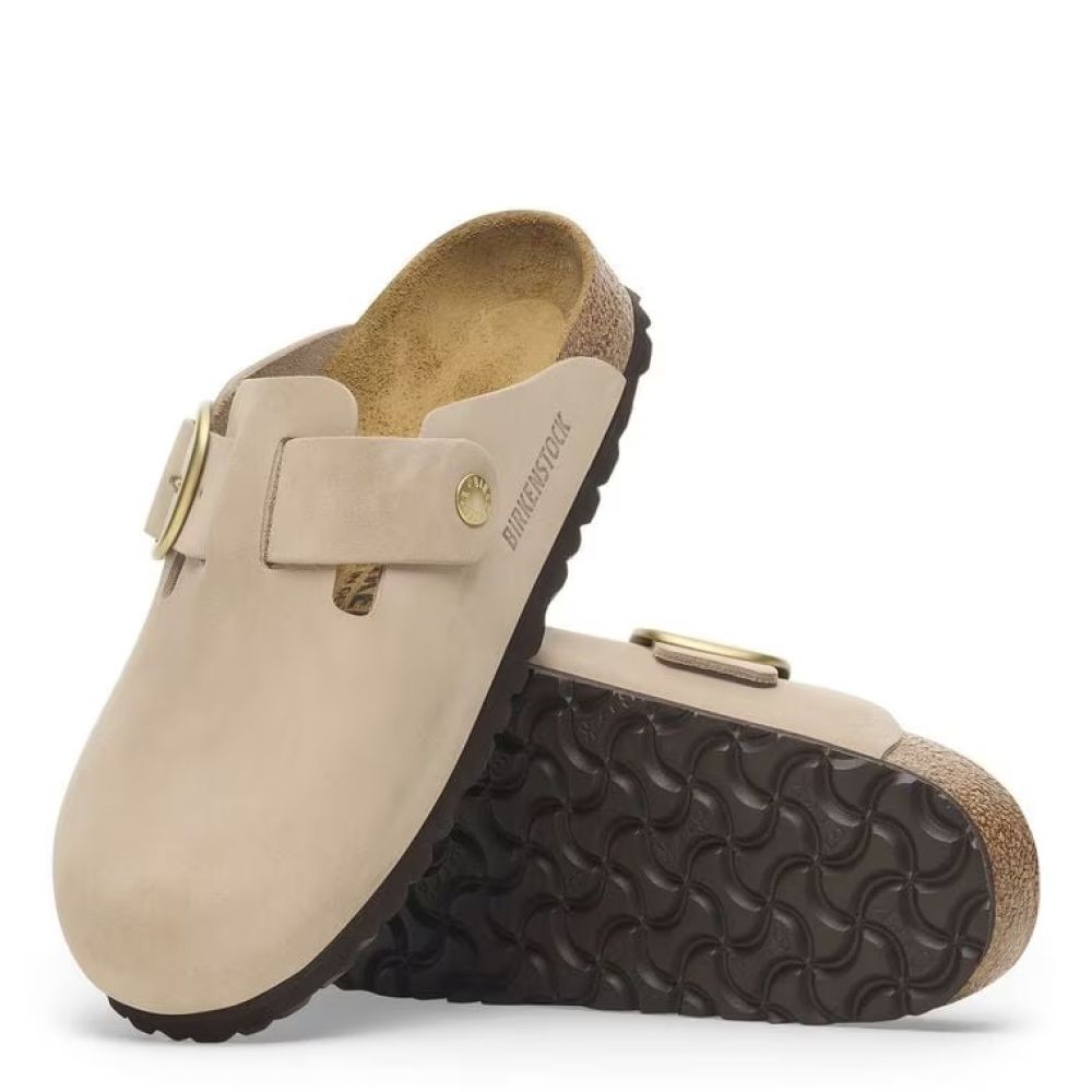 Birkenstock Women&#39;s Boston Big Buckle Nubuck Leather in Sandcastle (Narrow Width)