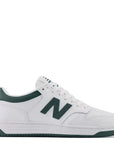 New Balance Women's 480 in White with Nightwatch Green and Light Aluminum