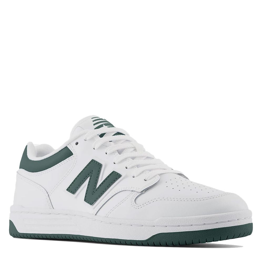 New Balance Women&#39;s 480 in White with Nightwatch Green and Light Aluminum