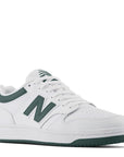 New Balance Women's 480 in White with Nightwatch Green and Light Aluminum