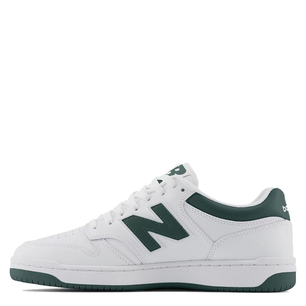 New Balance Women&#39;s 480 in White with Nightwatch Green and Light Aluminum