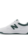 New Balance Women's 480 in White with Nightwatch Green and Light Aluminum