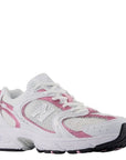 New Balance 530 in White with Pink Sugar and Silver Metallic